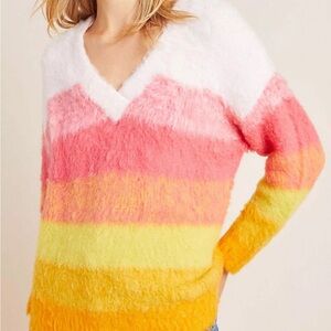 Anthropologie Simone V-Neck Fuzzy Wool Mohair V-Neck Ombré Sweater Size M